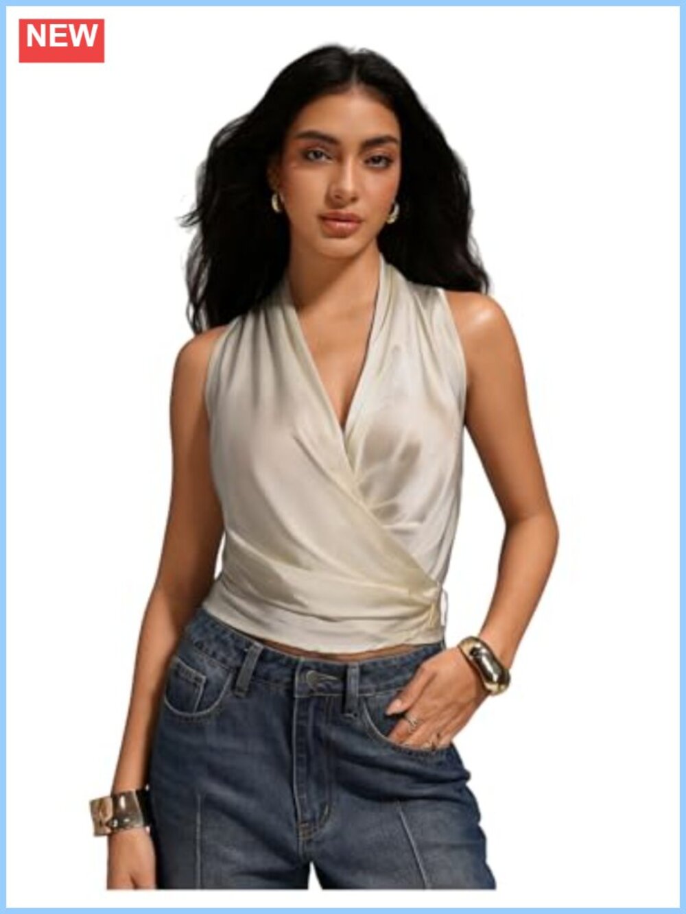 Satin Wrap Ruched Tie Side V Neck Sleeveless Blouse